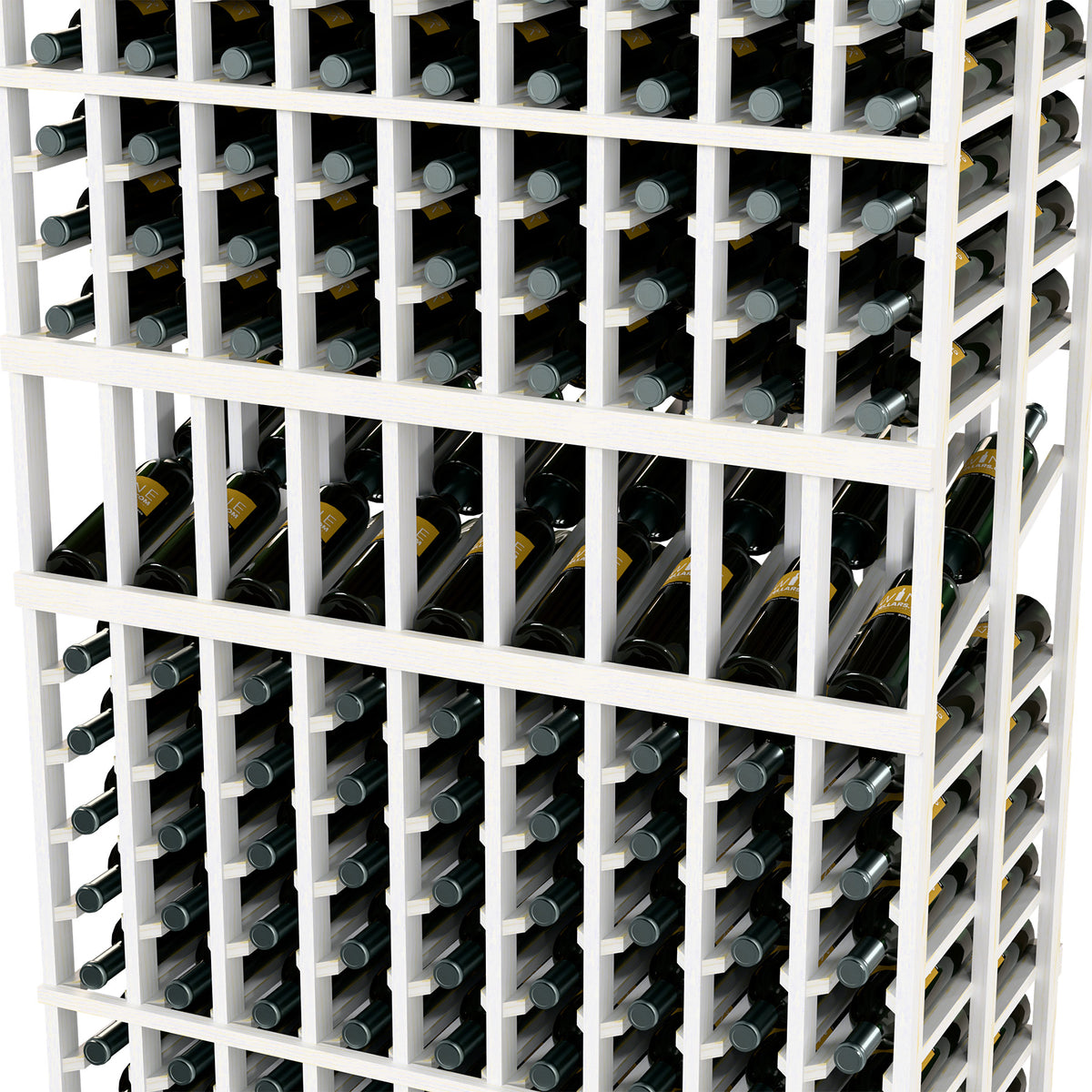 Close-up of white double-deep wine rack with vertical bottle slots and grid rails