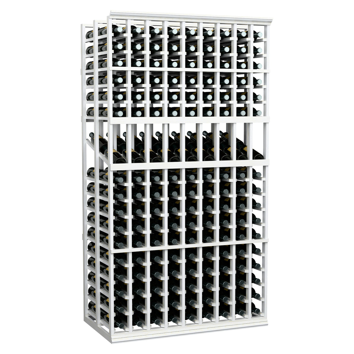 Full view white double-deep wine display rack with 9 columns and bottle slots