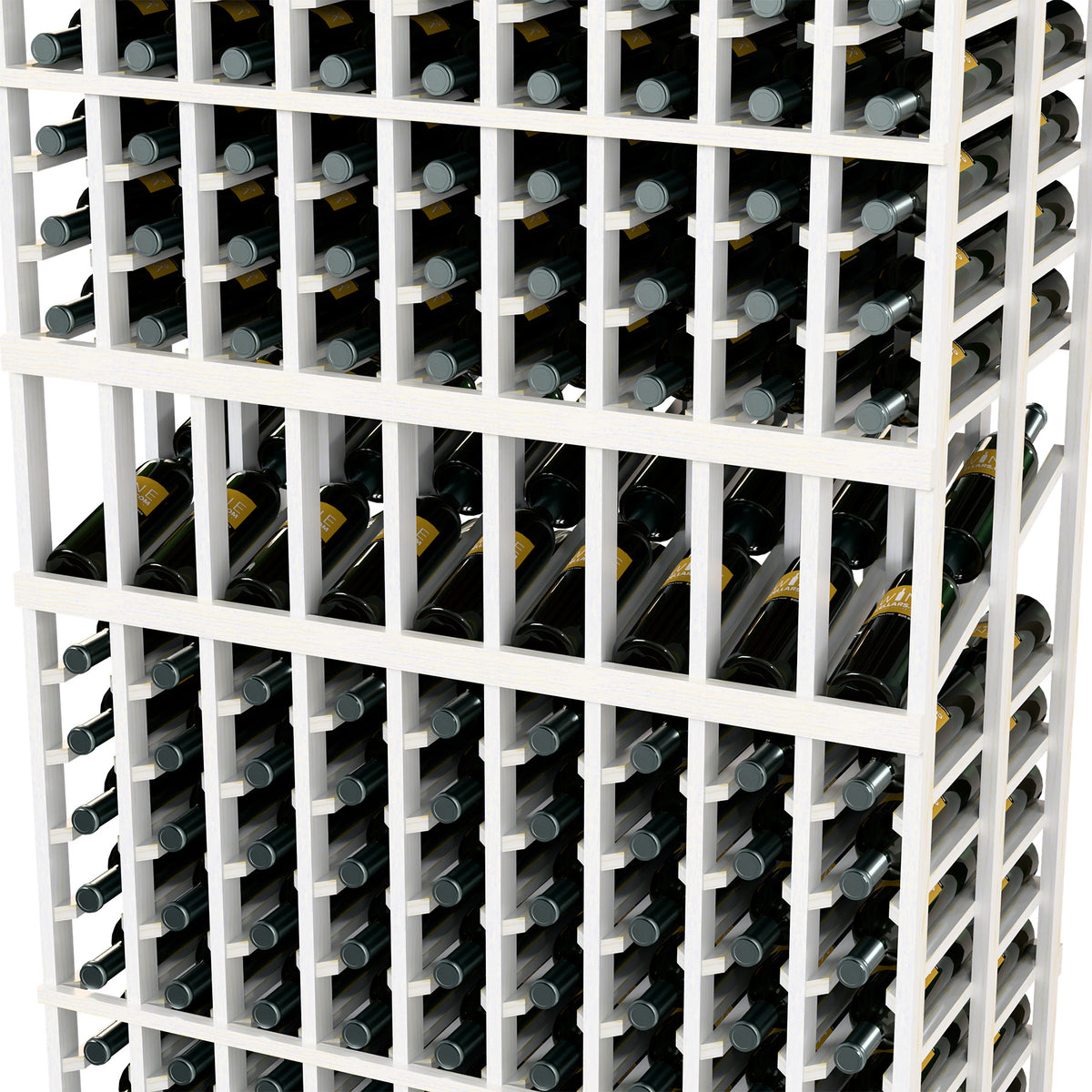 Close-up of white double-deep wine rack showing vertical bottle slots and dividers