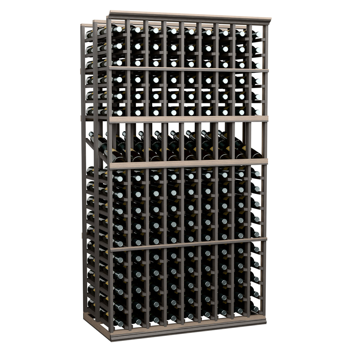 9-column double-deep wine rack with dark frame and clear bottle-front display