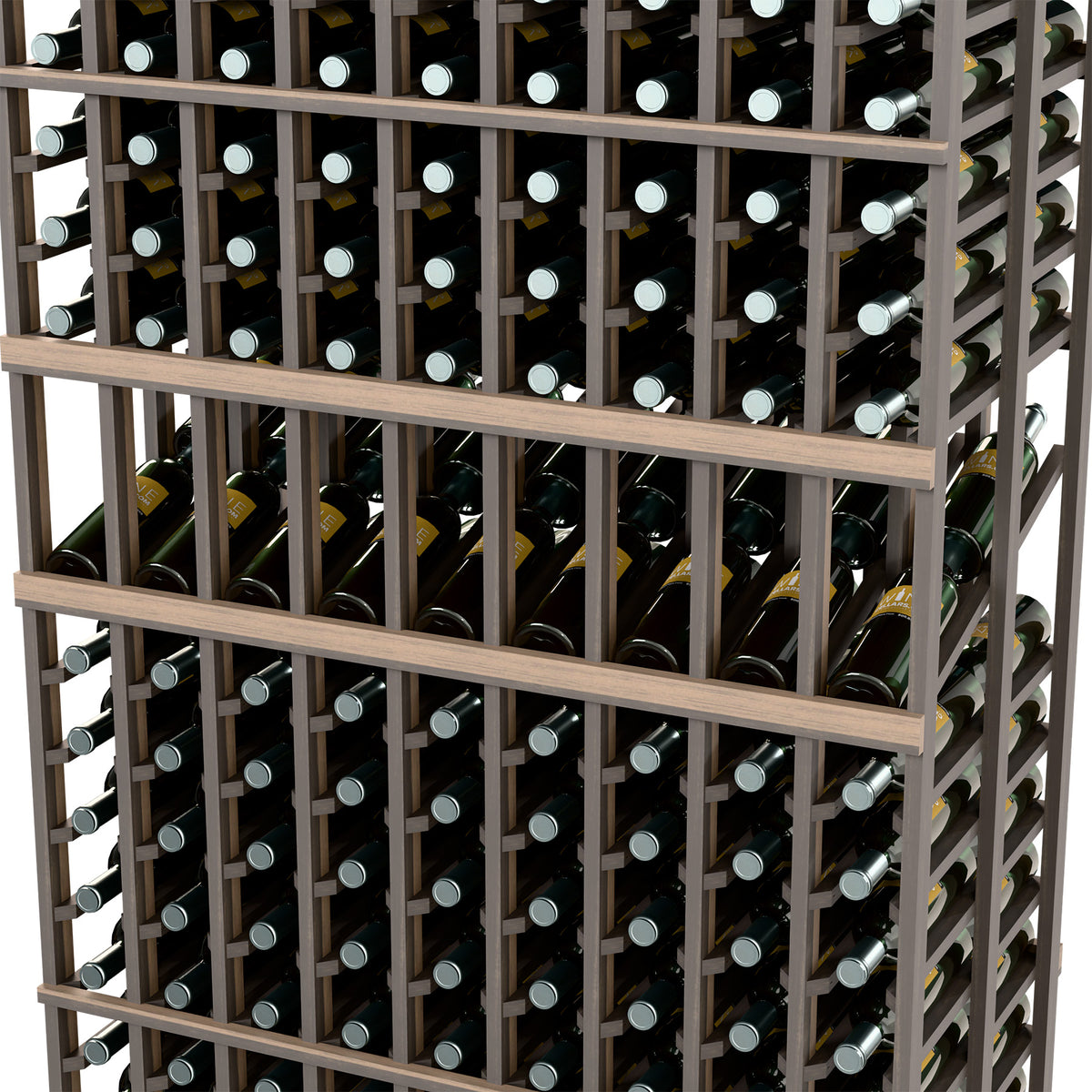 Close-up of double-deep wine rack showing dark wood grid and front bottle necks