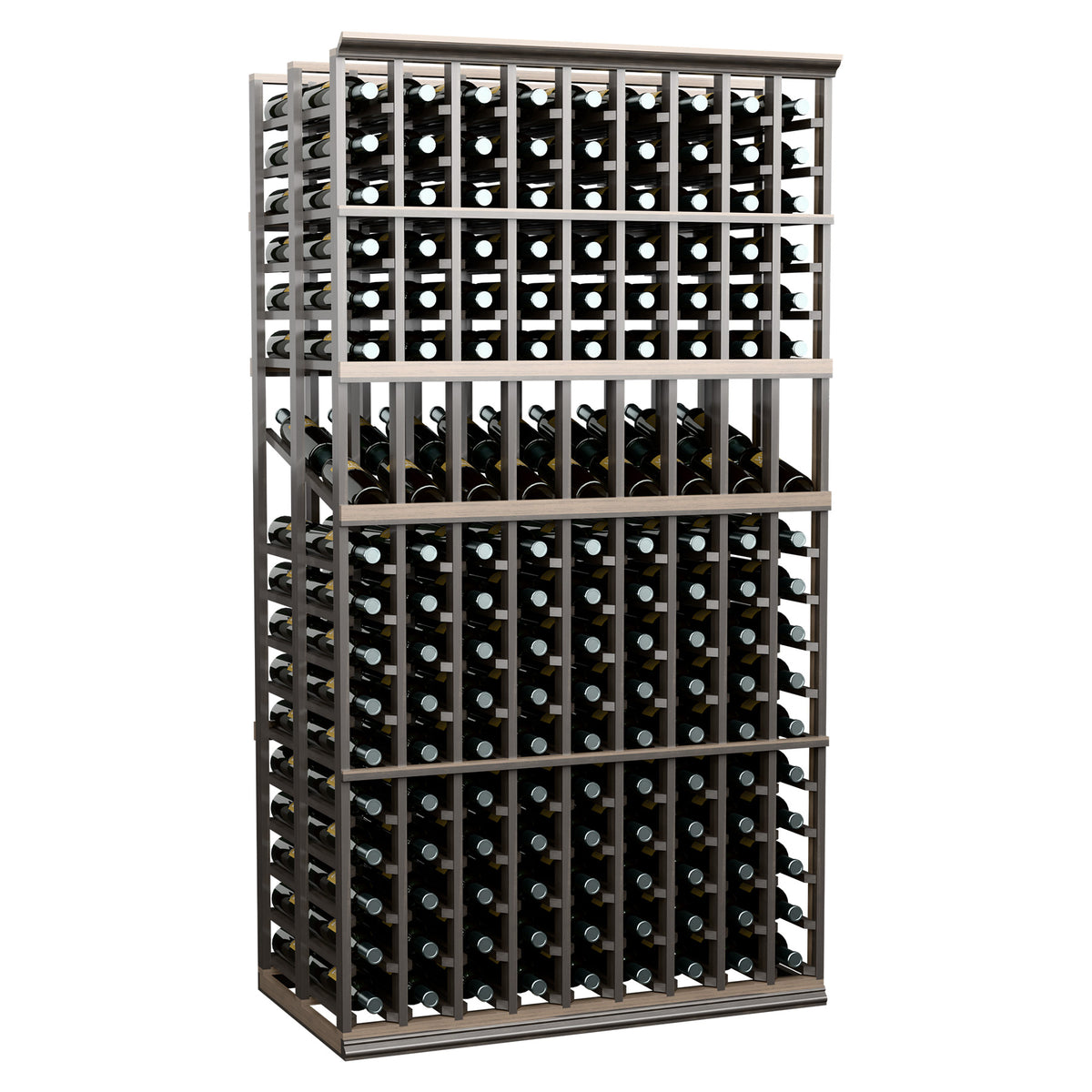 9-column double-deep wine display rack with dark frame and top bottle slots
