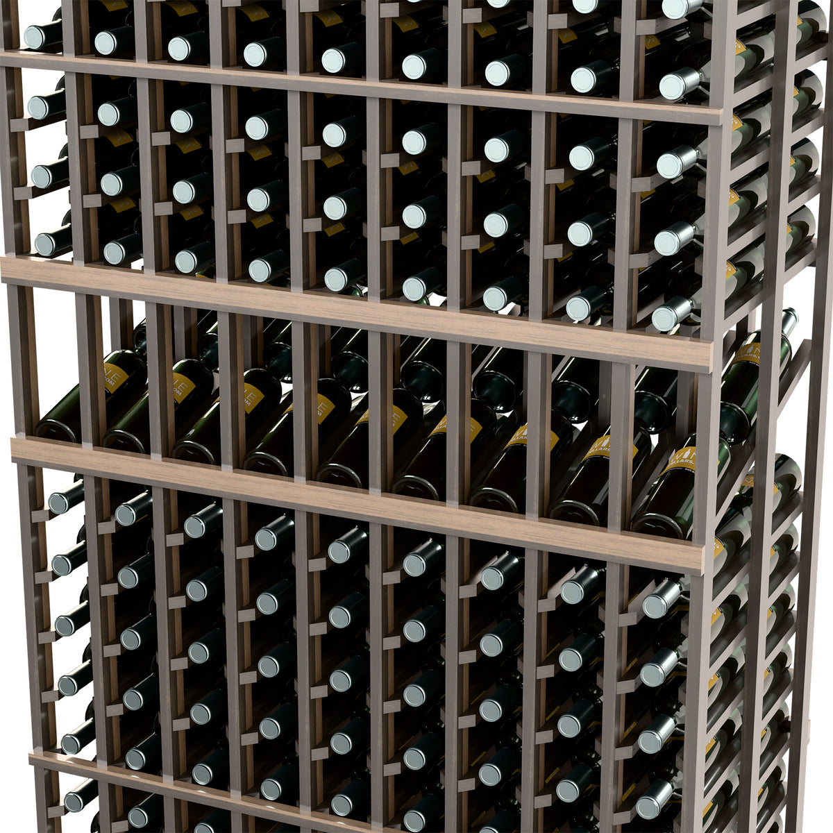 Close-up of wine rack interior with dark grid shelves and bottle rows