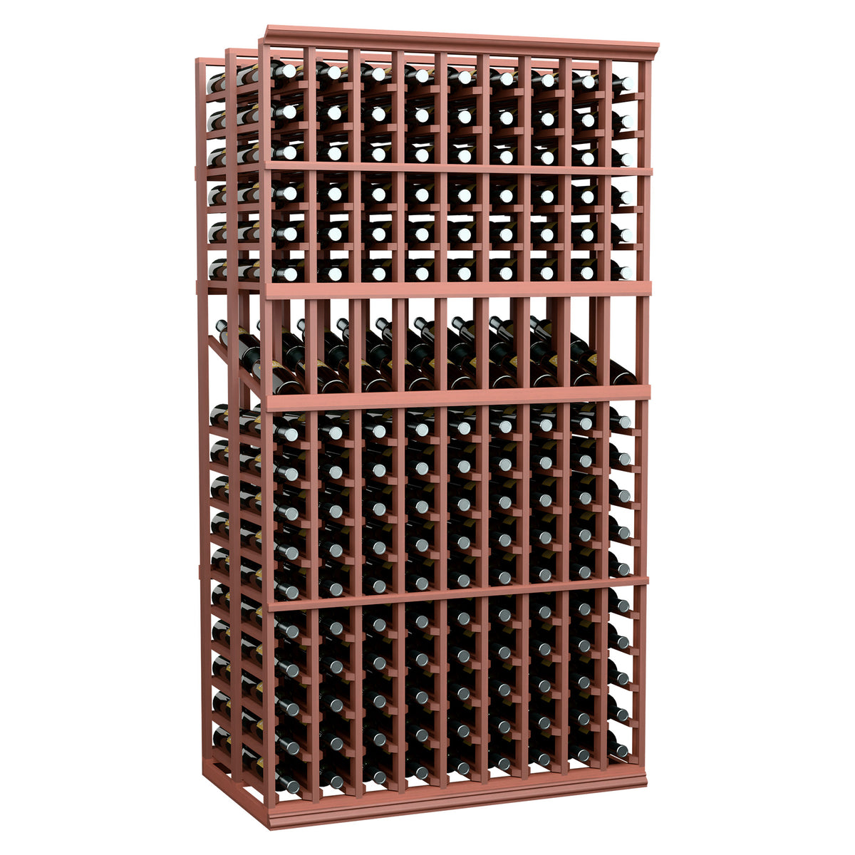 9-column double-deep wine rack with reddish frame and front-facing bottle storage