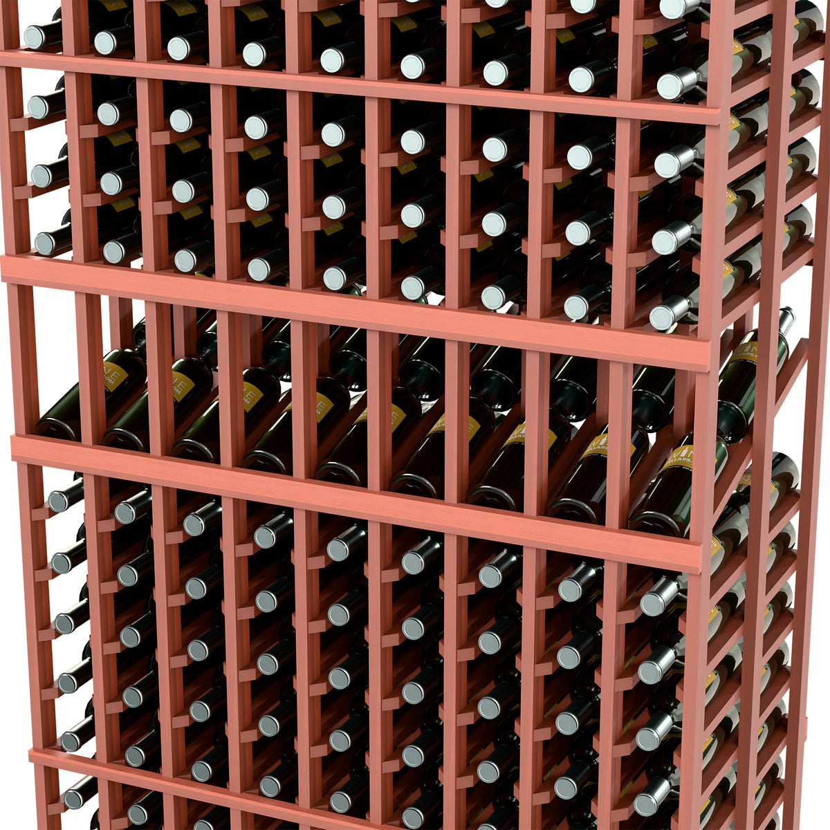 Close-up of double-deep wine rack showing reddish wood grid and bottle necks