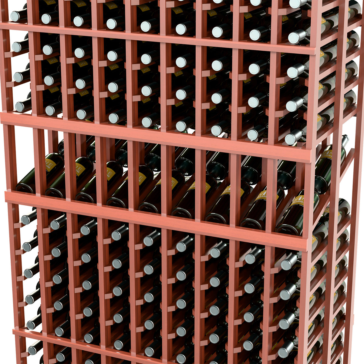 Close-up of wine rack interior with reddish grid shelves and bottle rows