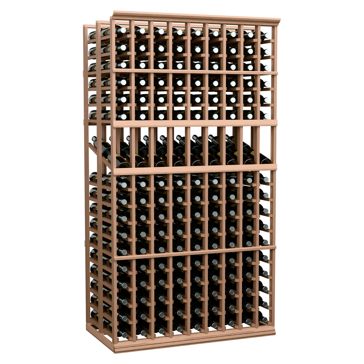 9-column double-deep wine rack with light wood frame and front-facing bottle slots