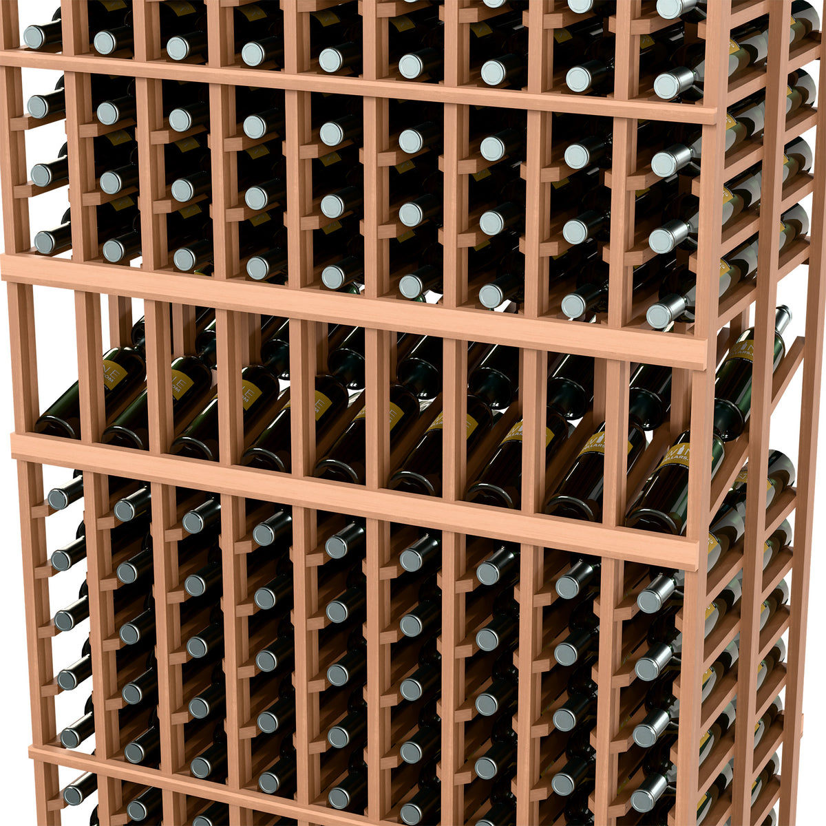Close-up of double-deep wine rack showing light wood grid and bottle necks