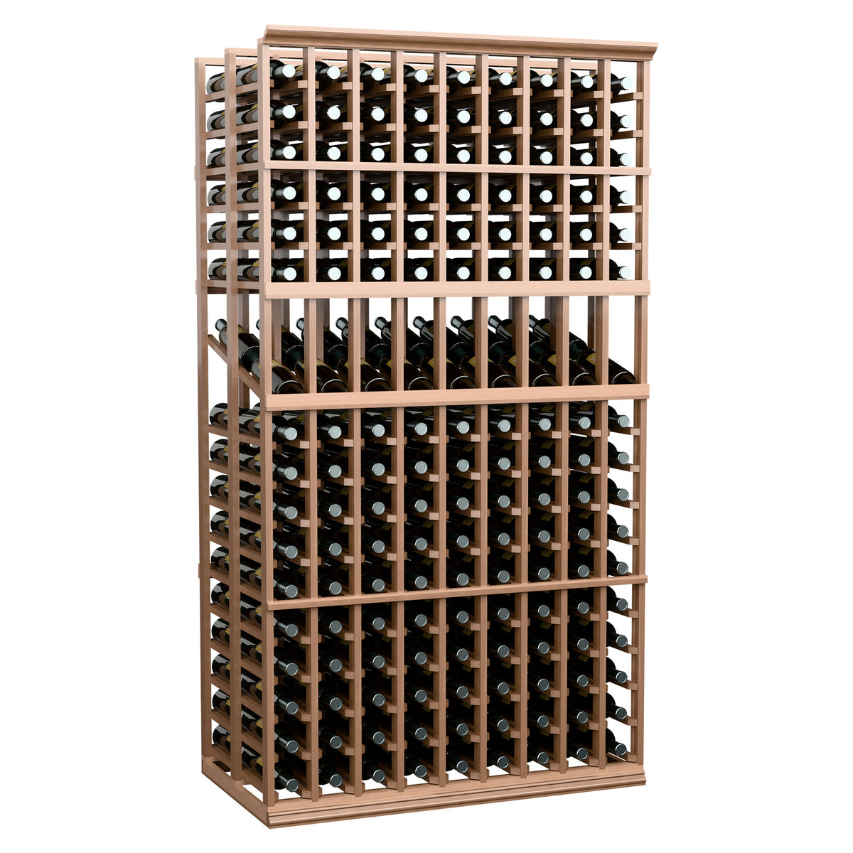 Wood wine bottle display rack with grid rows and open-front storage for bottles