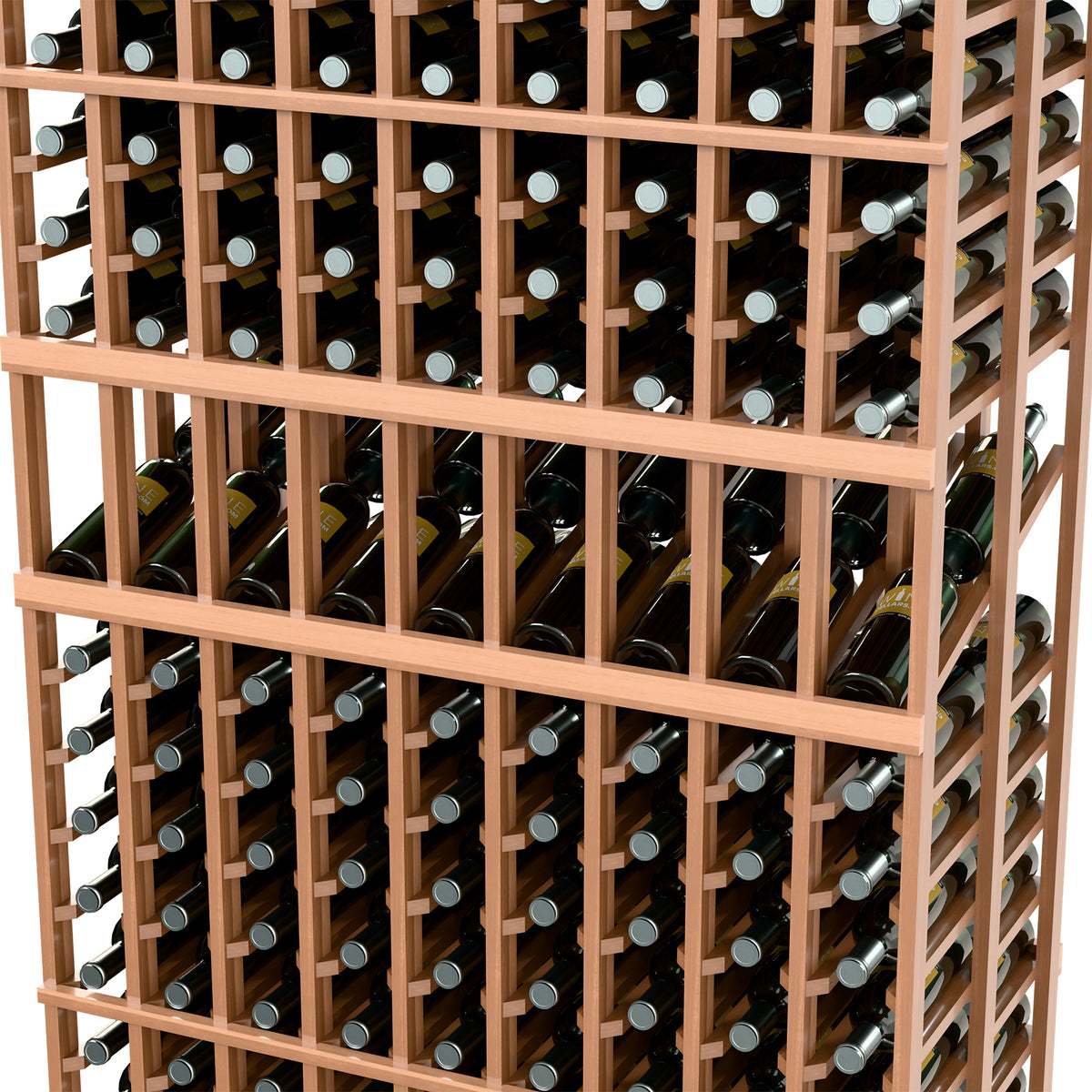 Wine bottle rack shelf grid holding bottles in vertical slots with wooden frame