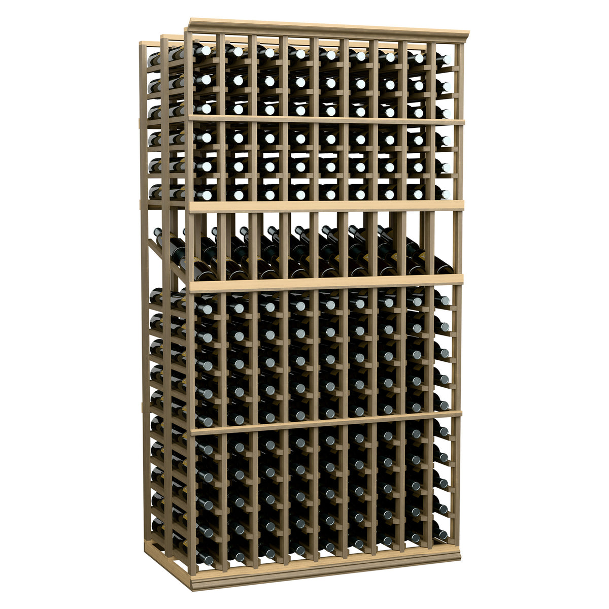 Double deep wood wine bottle display rack with multiple rows of bottle openings