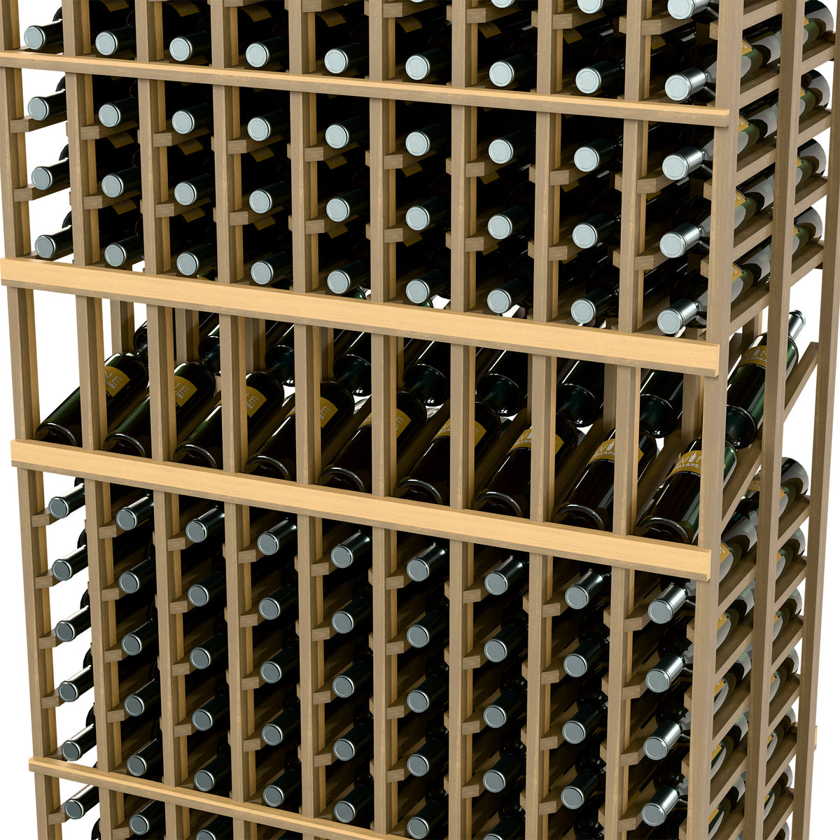 Close-up of wood wine bottle rack with stacked slats and bottle necks facing front