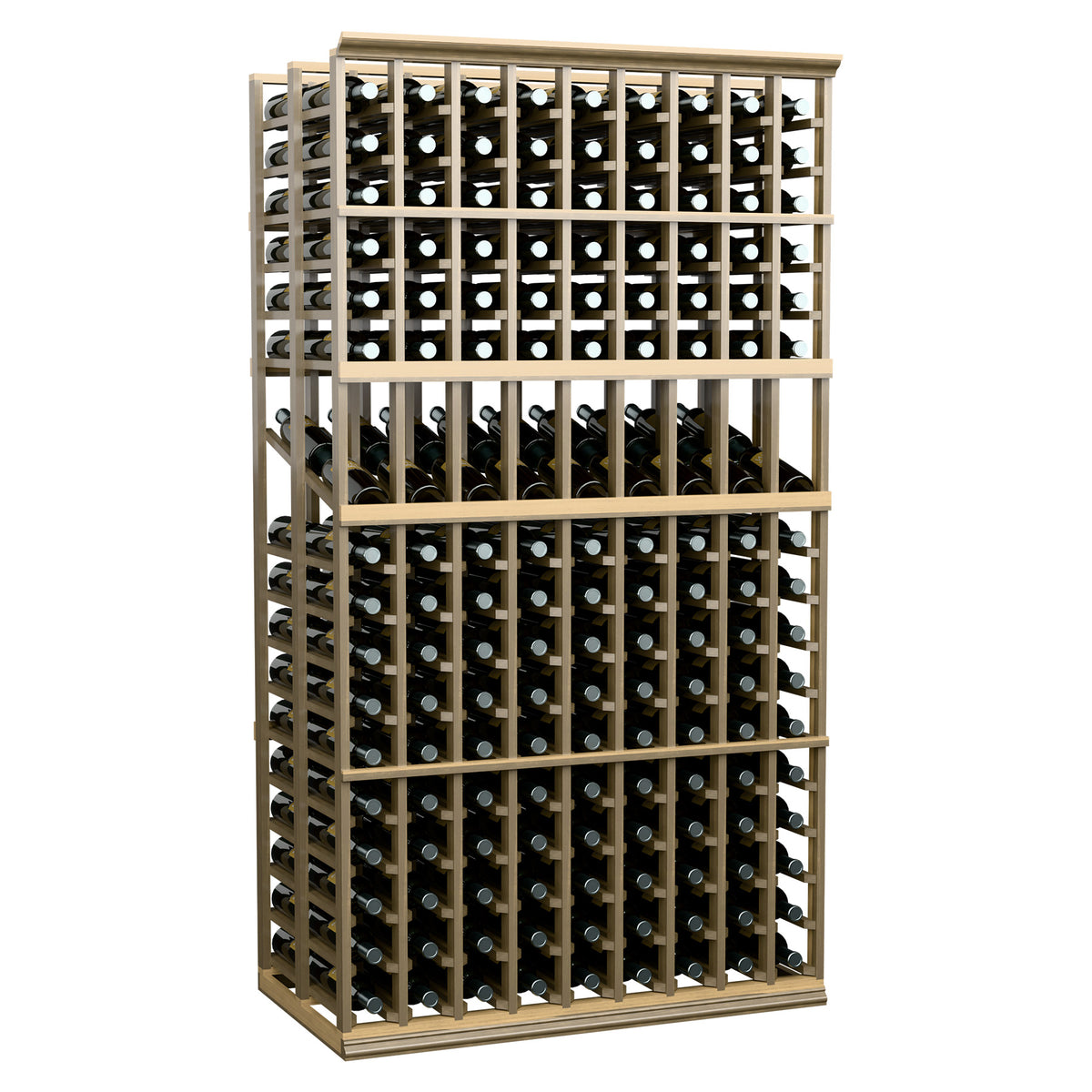 Tall wood wine bottle display rack with two sections of bottle storage rows