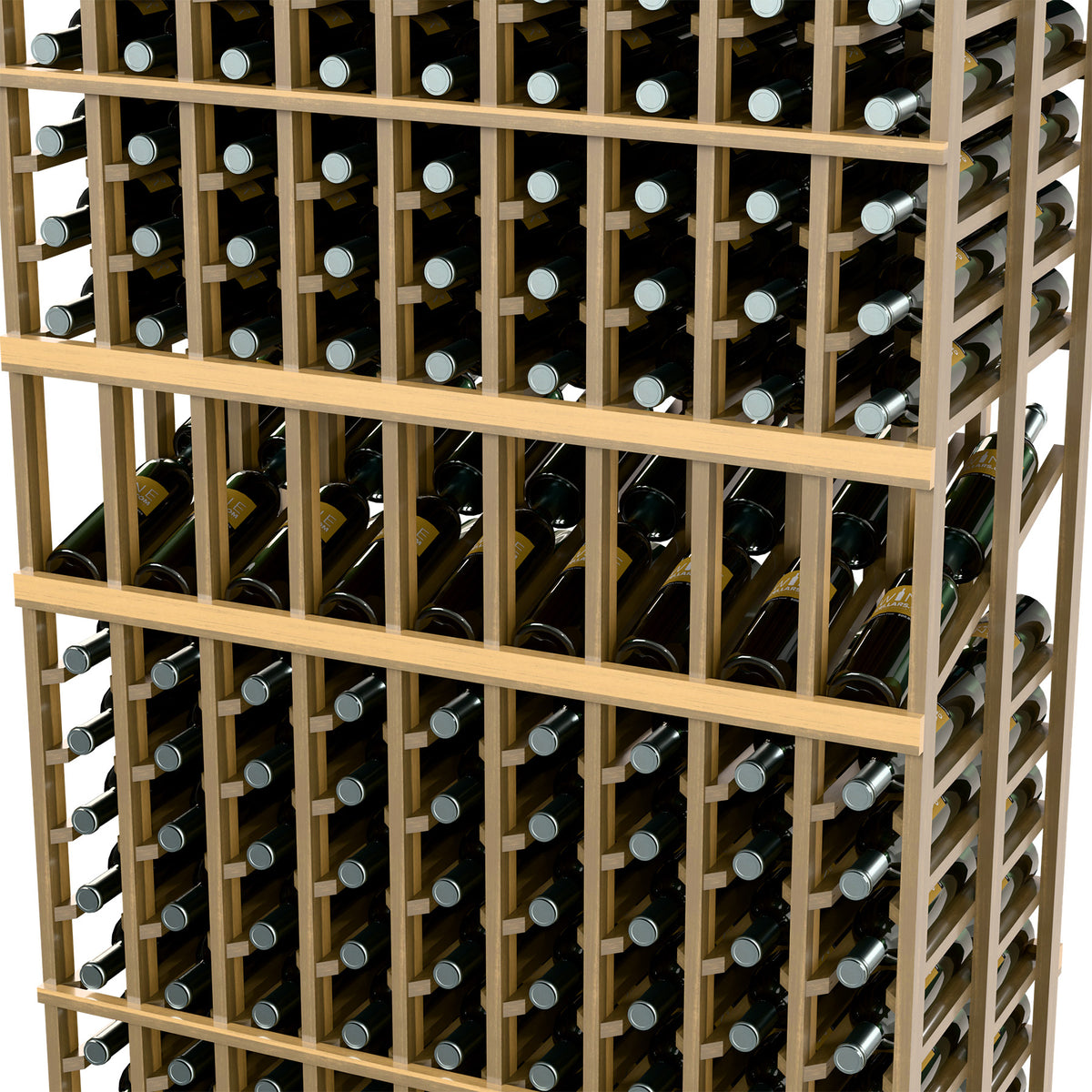 Front view of wood wine bottle rack showing vertical bottle slots across two levels