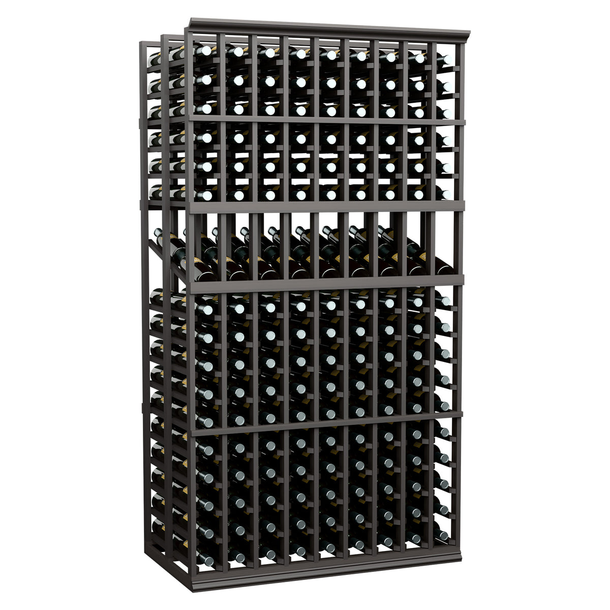 Black metal wine bottle display rack with grid rows and open-front bottle storage