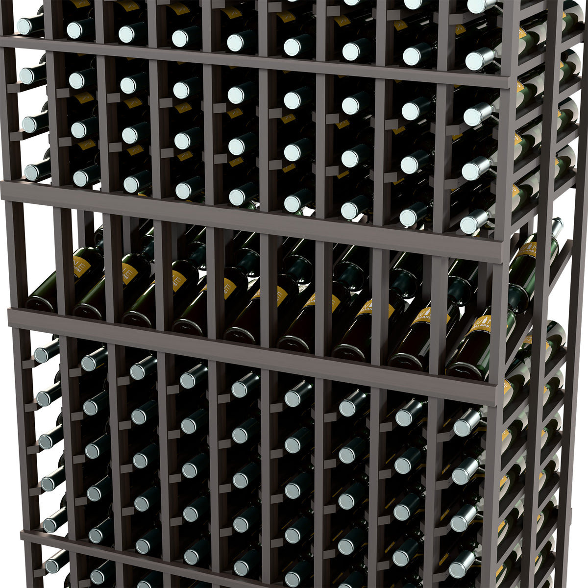 Close-up of black wine bottle rack with slatted grid holding bottles upright