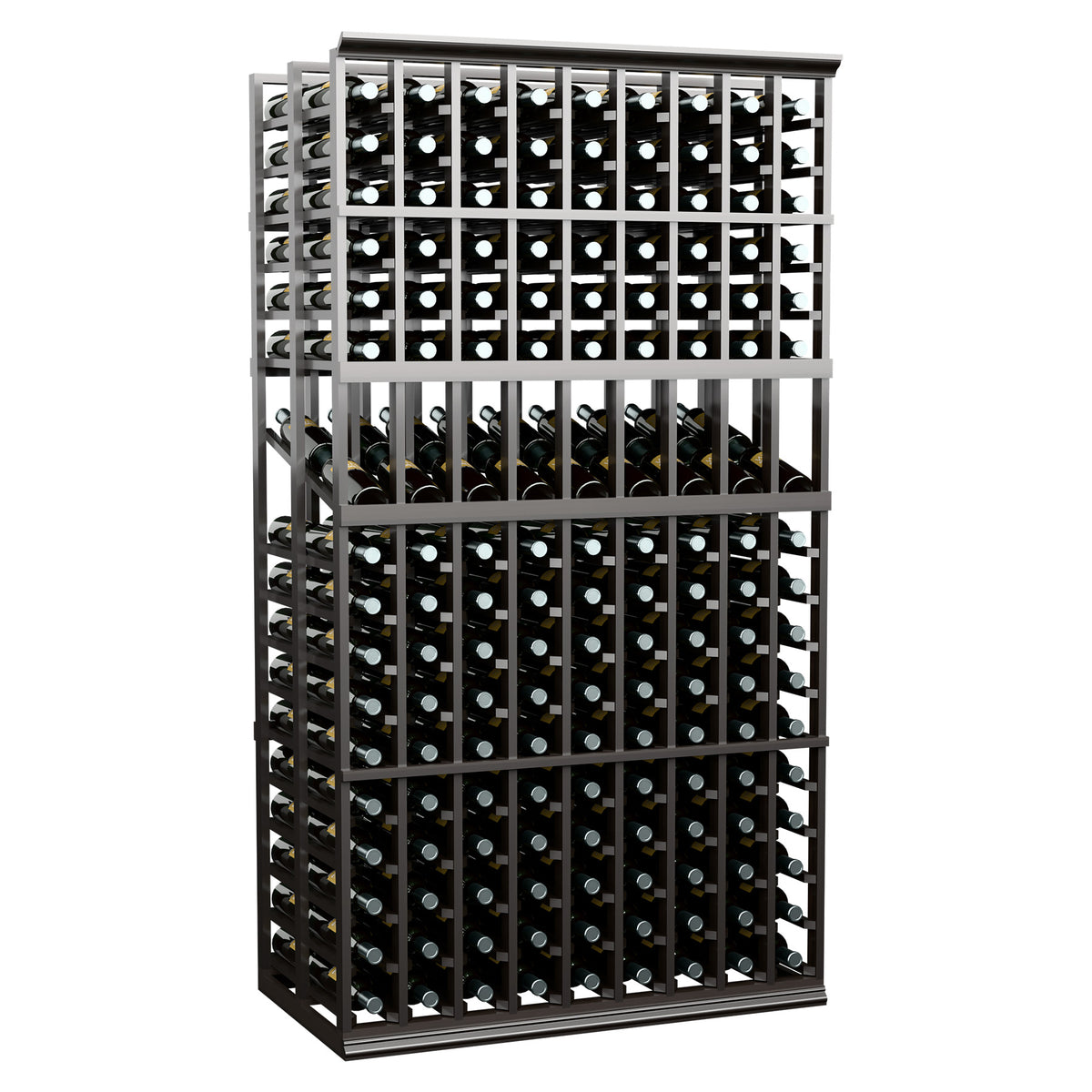 Tall black wine bottle display rack with two deep sections of bottle slots
