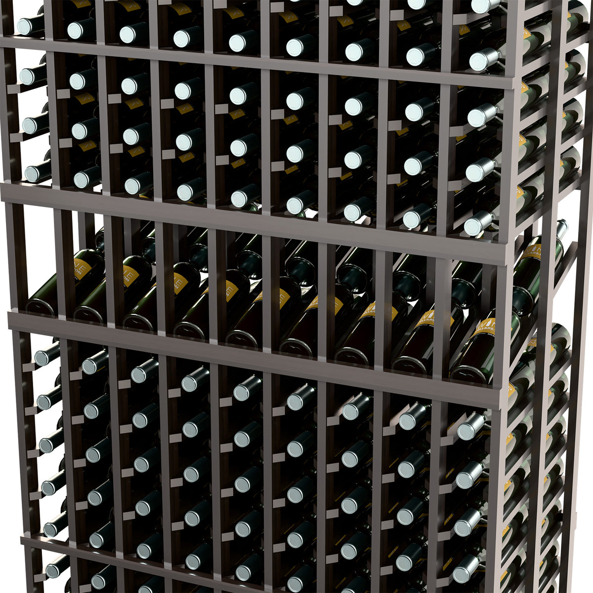 Front close-up of black wine bottle rack showing multiple rows of upright bottles