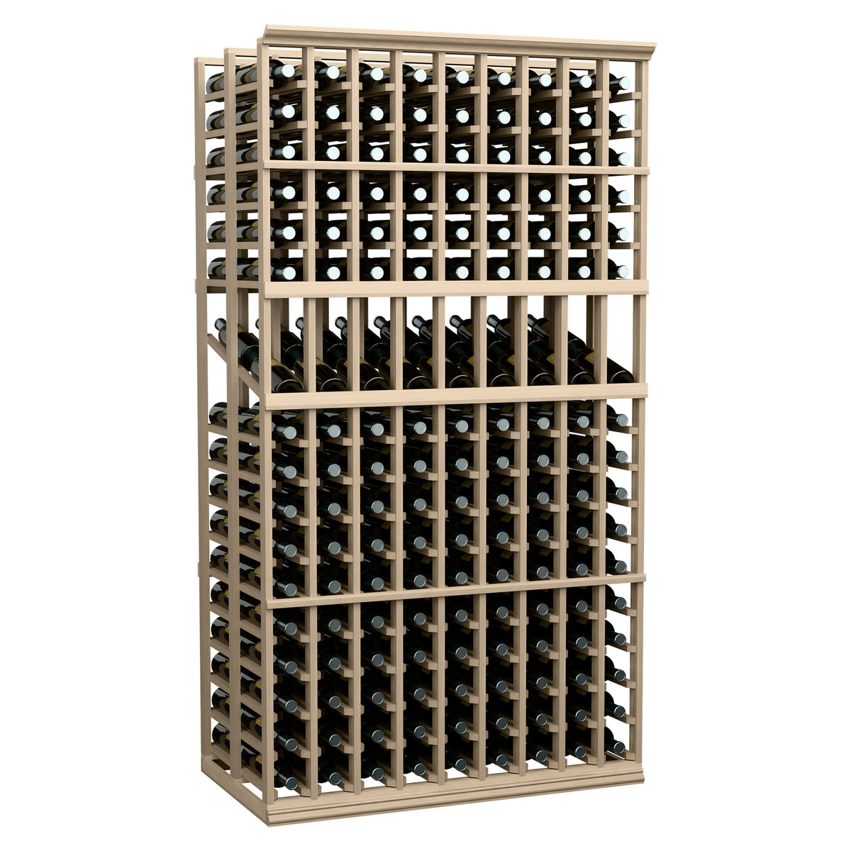 Double-deep wine bottle display rack, light gray wood frame, front view