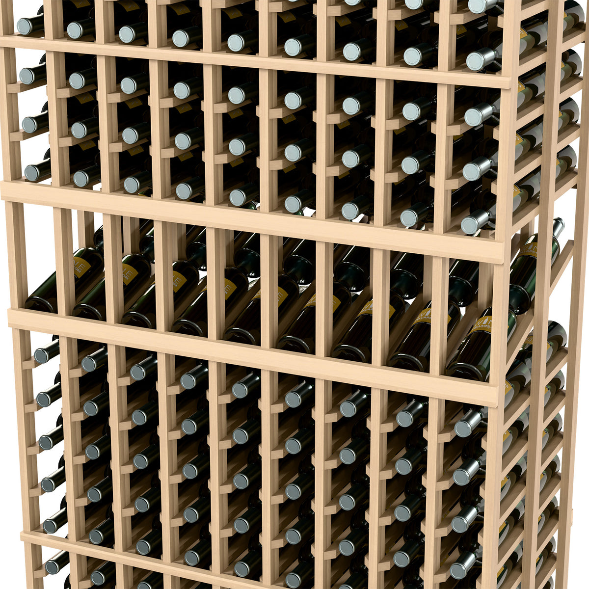 Double-deep wine bottle display rack, light wood frame, close-up of bottle rows