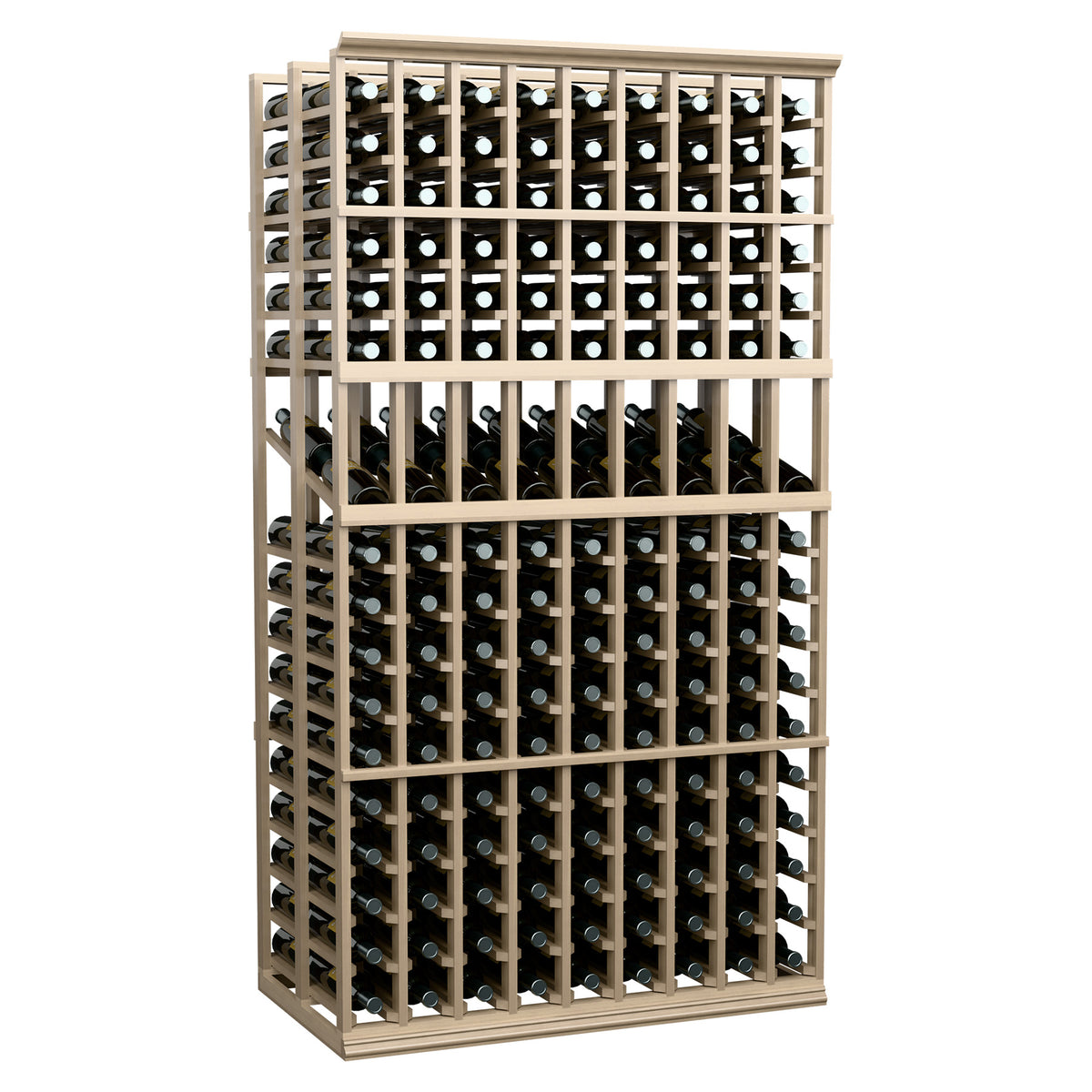 Double-deep wine bottle display rack, light gray wood frame, angled front view