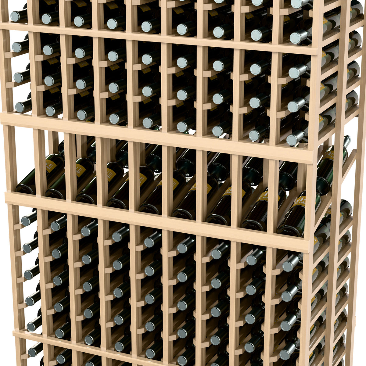 Double-deep wine bottle display rack, light wood frame, close-up of front bottle slots