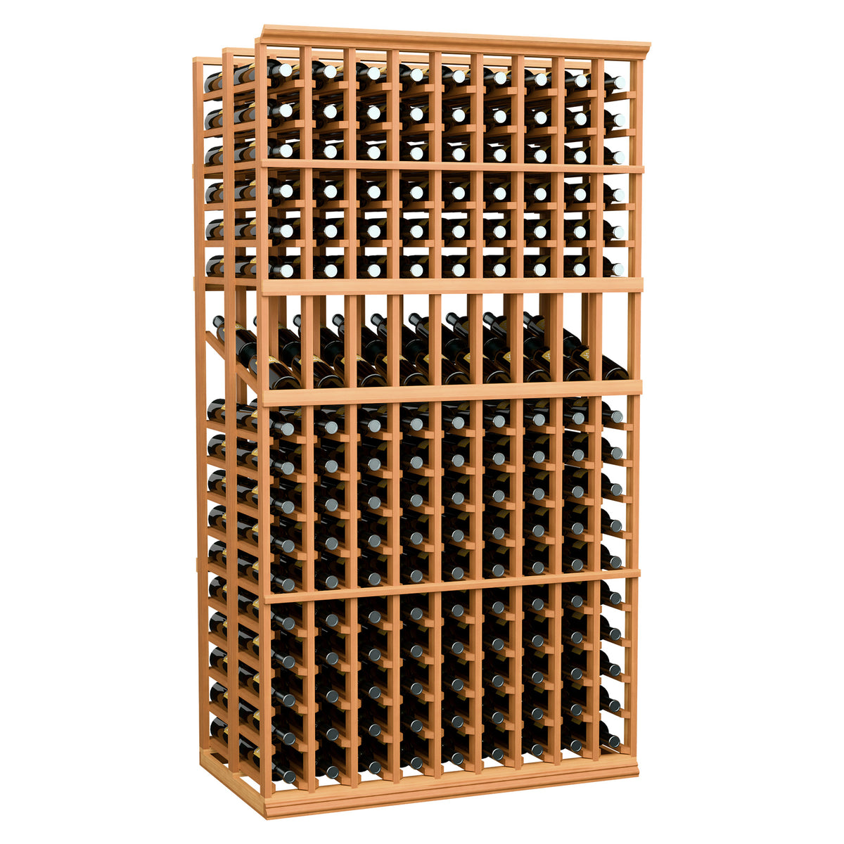 Double-deep wine bottle display rack, warm orange wood frame, front view with bottles