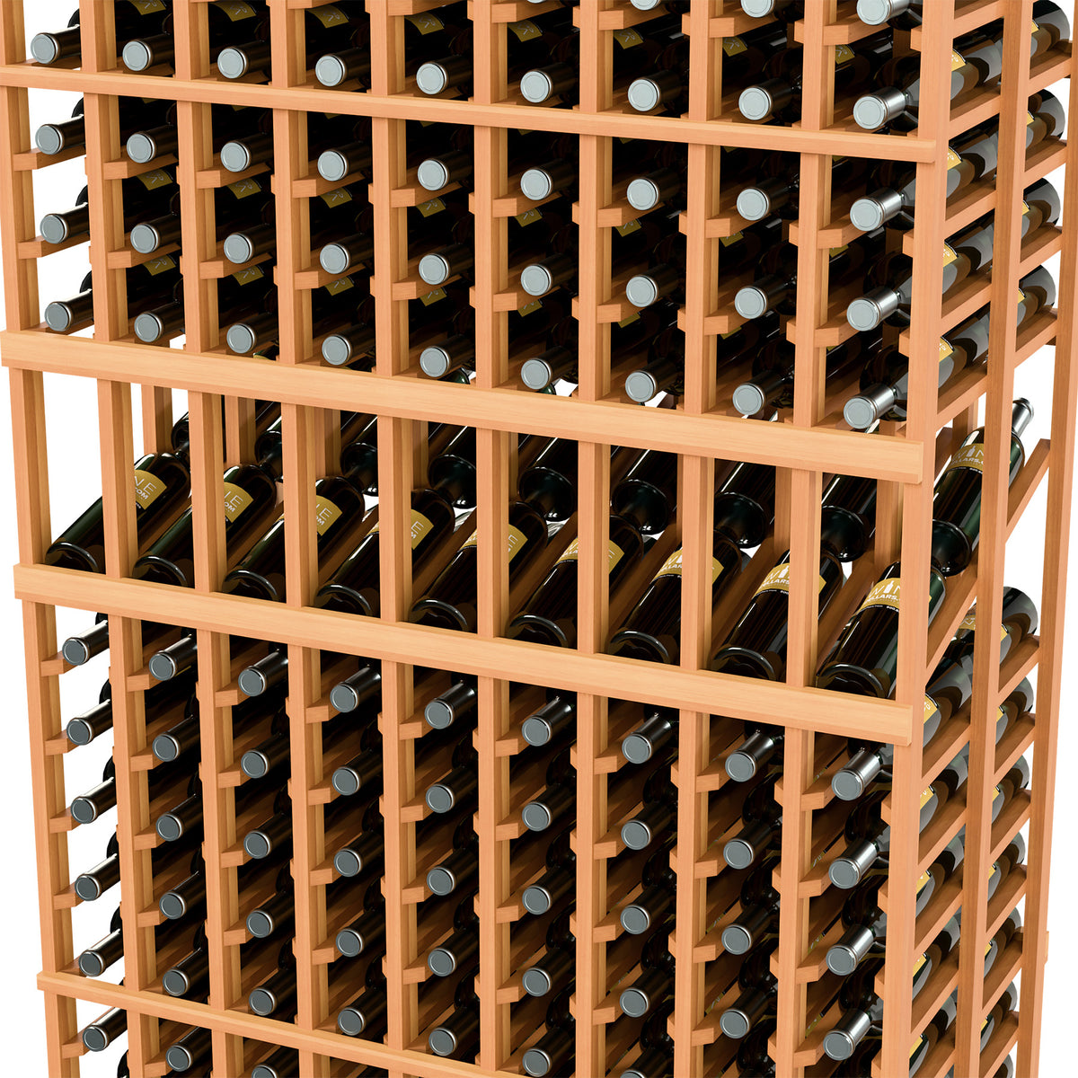 Double-deep wine bottle display rack, warm orange wood frame, close-up of bottle rows