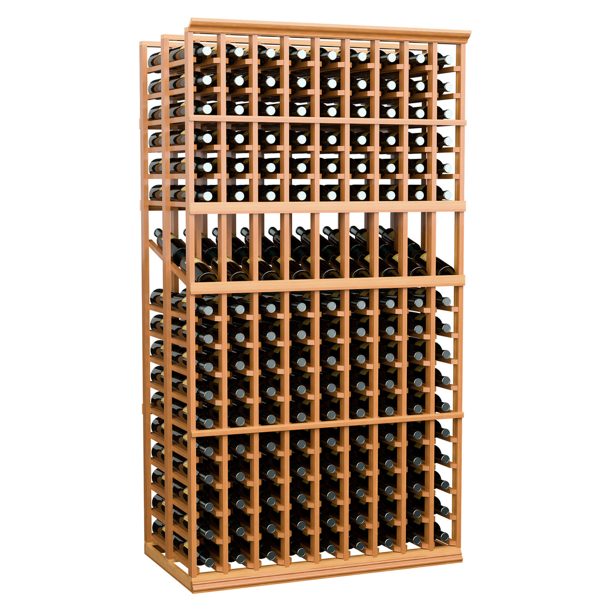 Double-deep wine bottle display rack, warm orange wood frame, angled front view