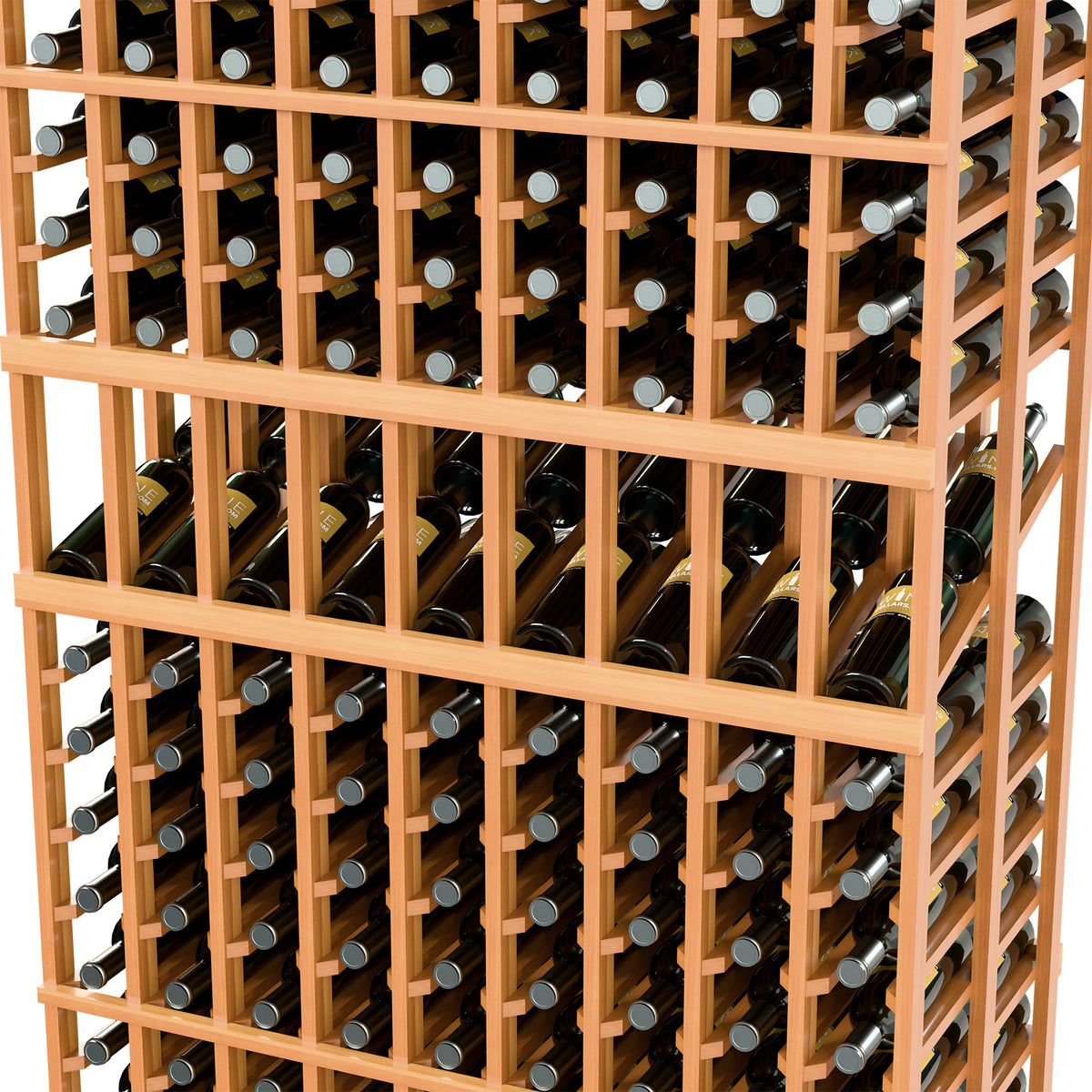 Double-deep wine bottle display rack, warm orange wood frame, close-up of front slots
