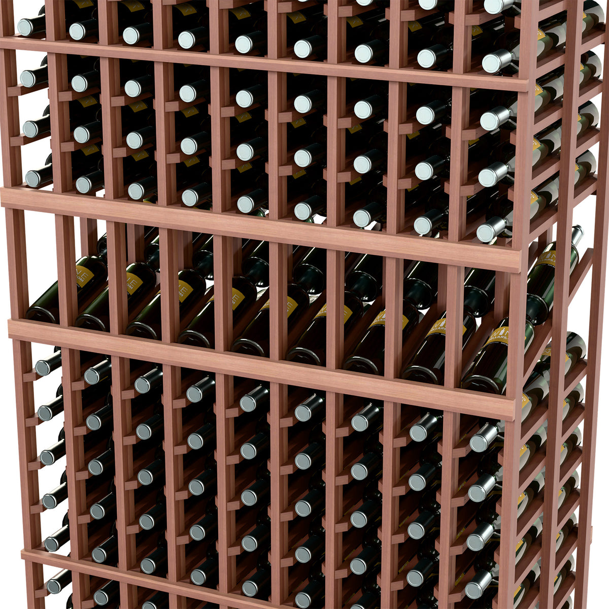Double-deep wine bottle display rack, dark brown wood frame, close-up of bottle rows