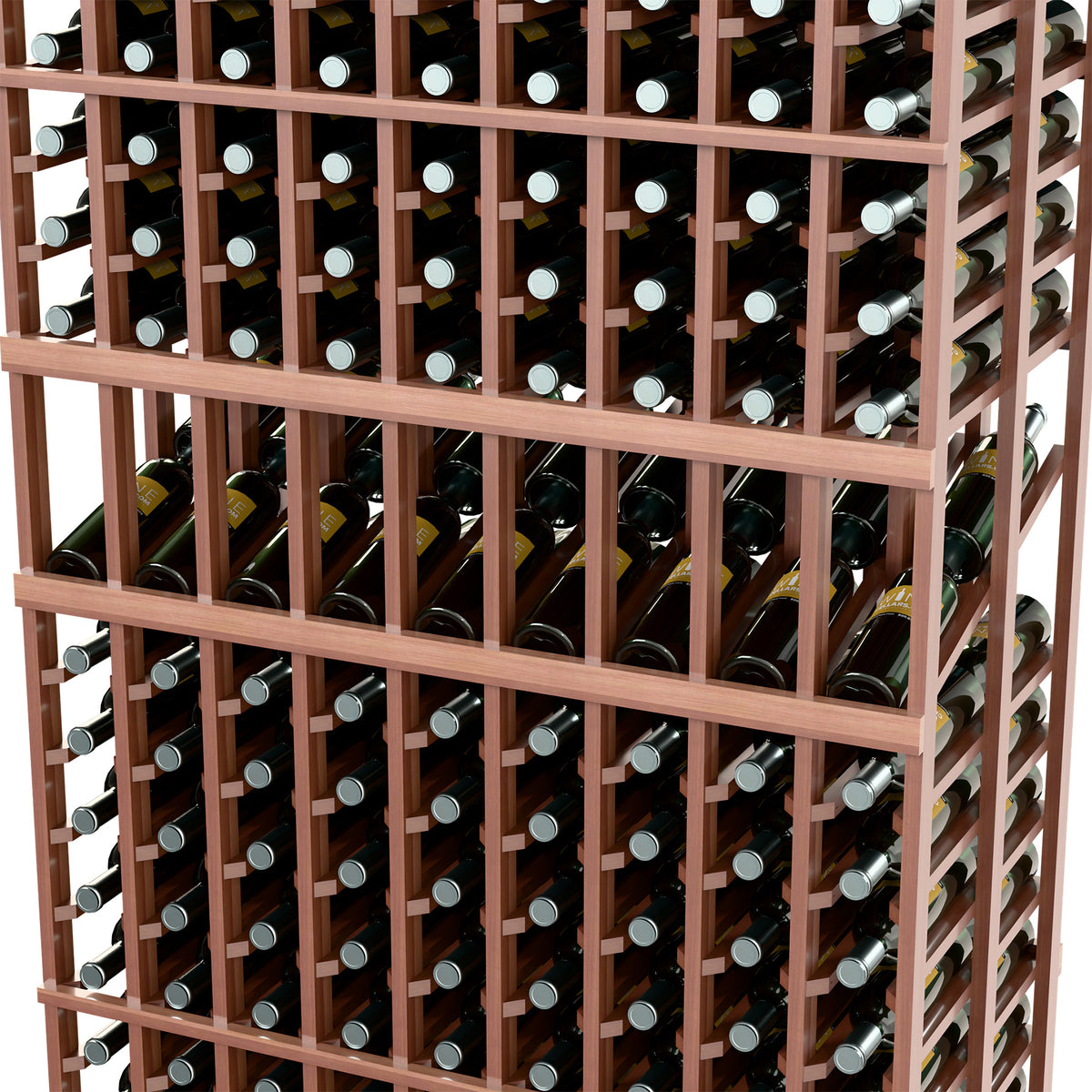 Wine display rack close-up with dark brown slats and wine bottles in front compartments