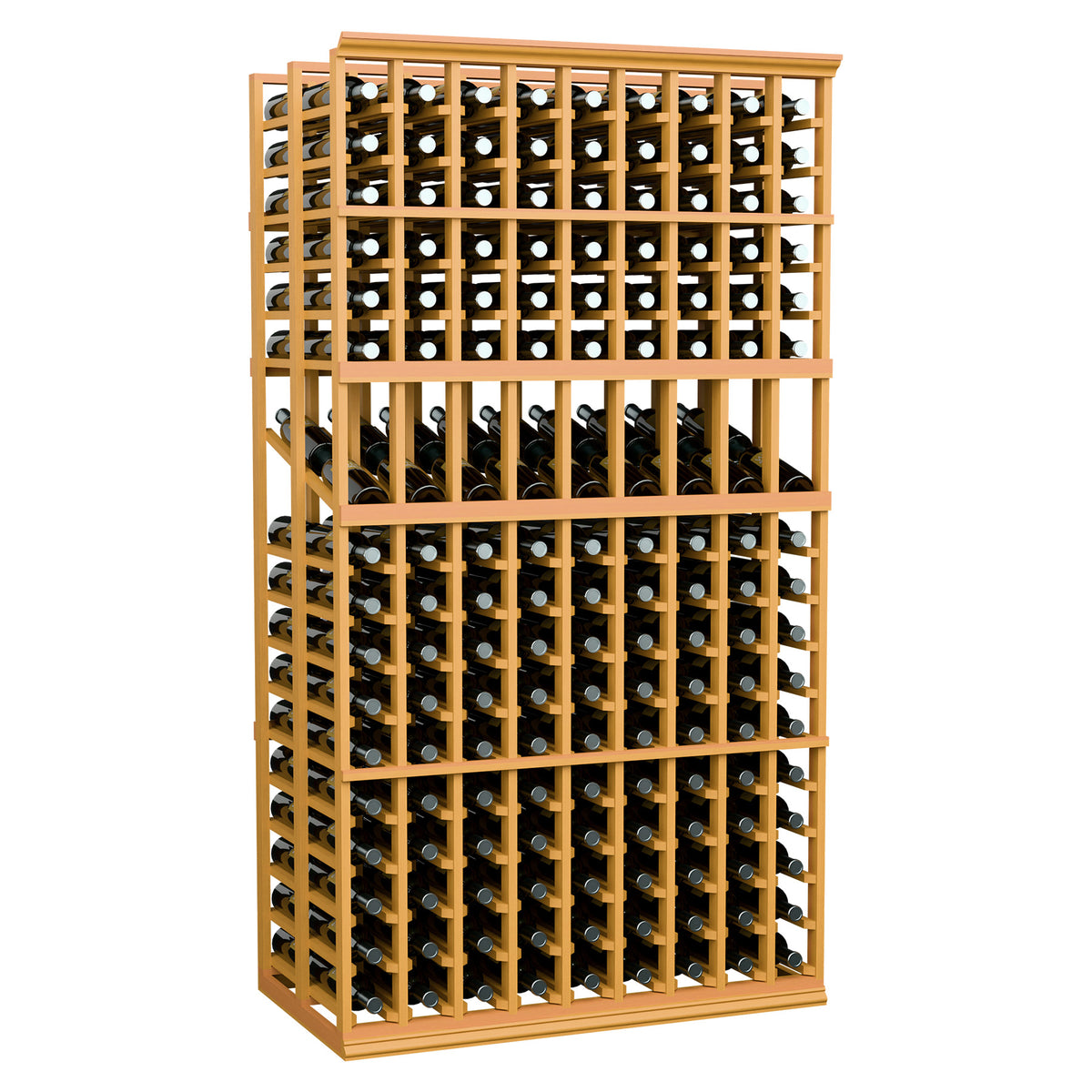 Wine display rack with honey wood frame, front view of double-deep bottle compartments