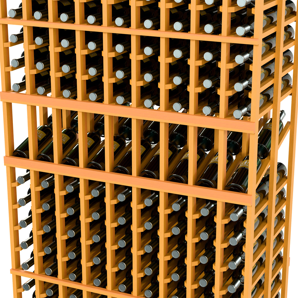 Wine display rack close-up with honey wood slats and rows of wine bottles