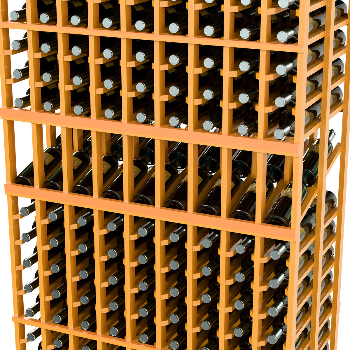Wine display rack close-up with honey wood slats holding wine bottles in grid rows
