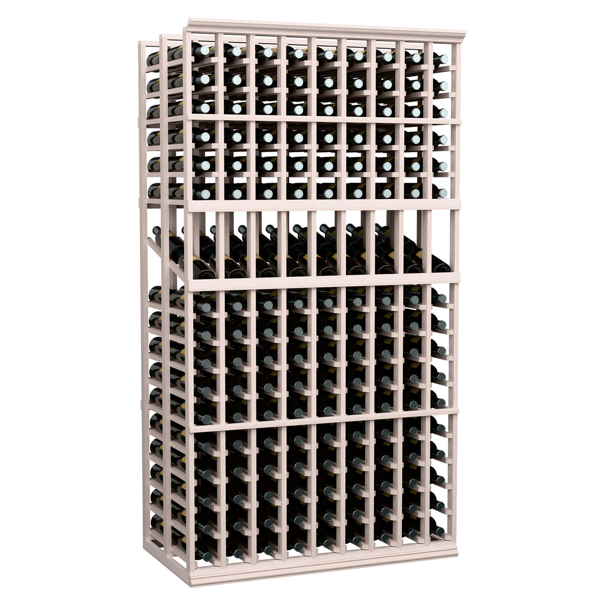 Wine display rack with light gray frame, open grid storing multiple wine bottles