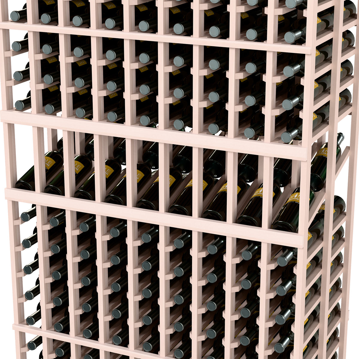 Wine display rack close-up with light gray slats and wine bottles in front cells