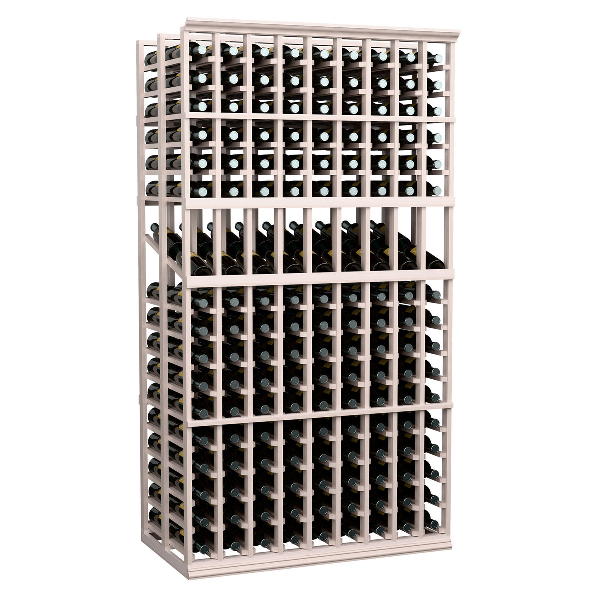 Wine display rack with light gray frame, front view of wine bottle storage compartments