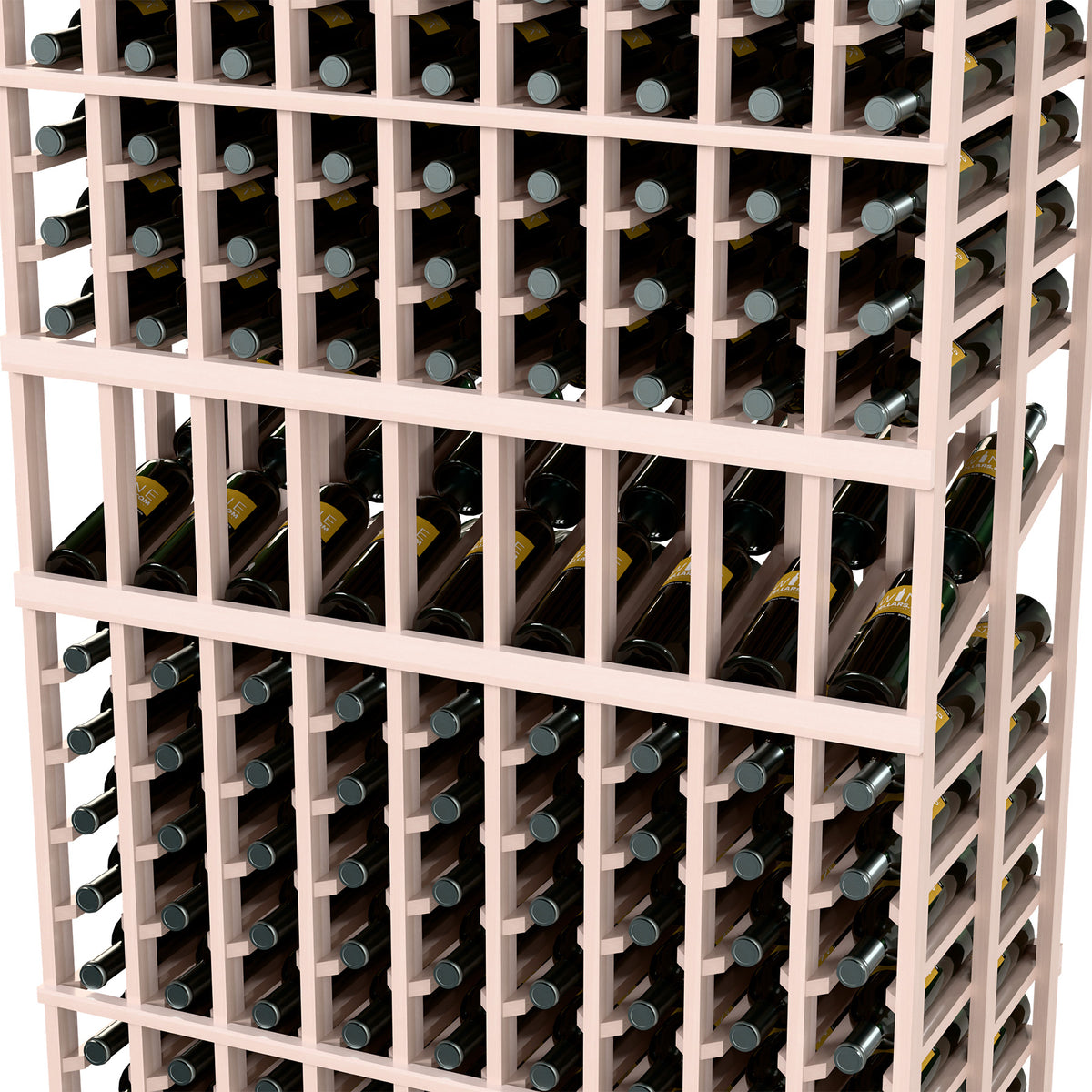 Wine display rack close-up with light gray slats and wine bottles in grid rows