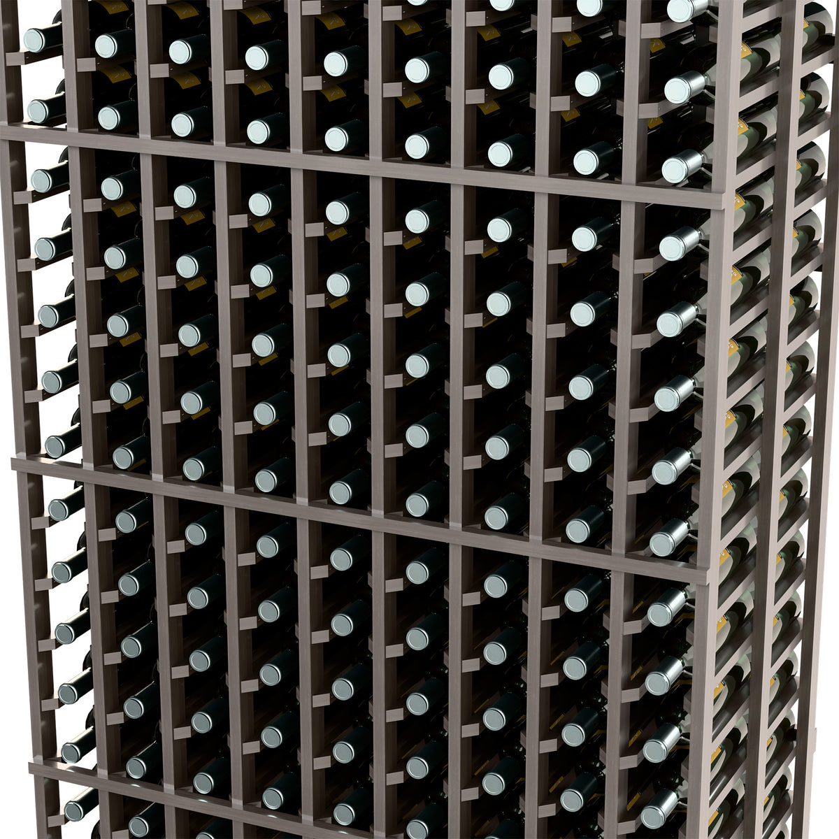 Dark gray wine rack close-up showing bottle slots and metal dividers