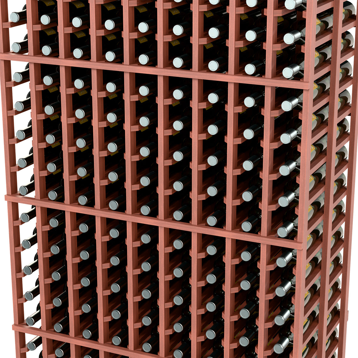 Reddish-brown wine rack interior with multiple rows of bottles in a grid