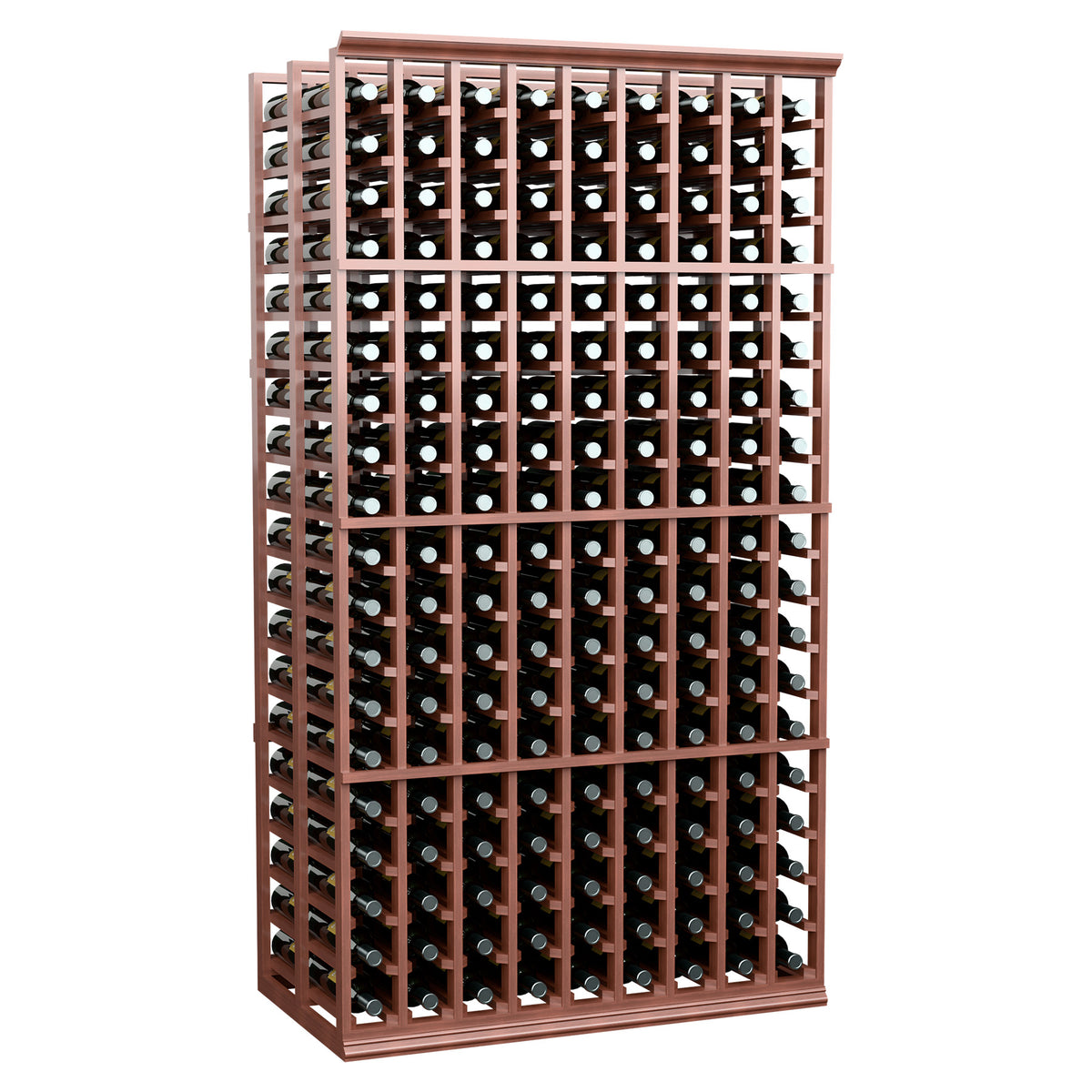 9-column double-deep wine rack, reddish-brown frame with dense bottle storage