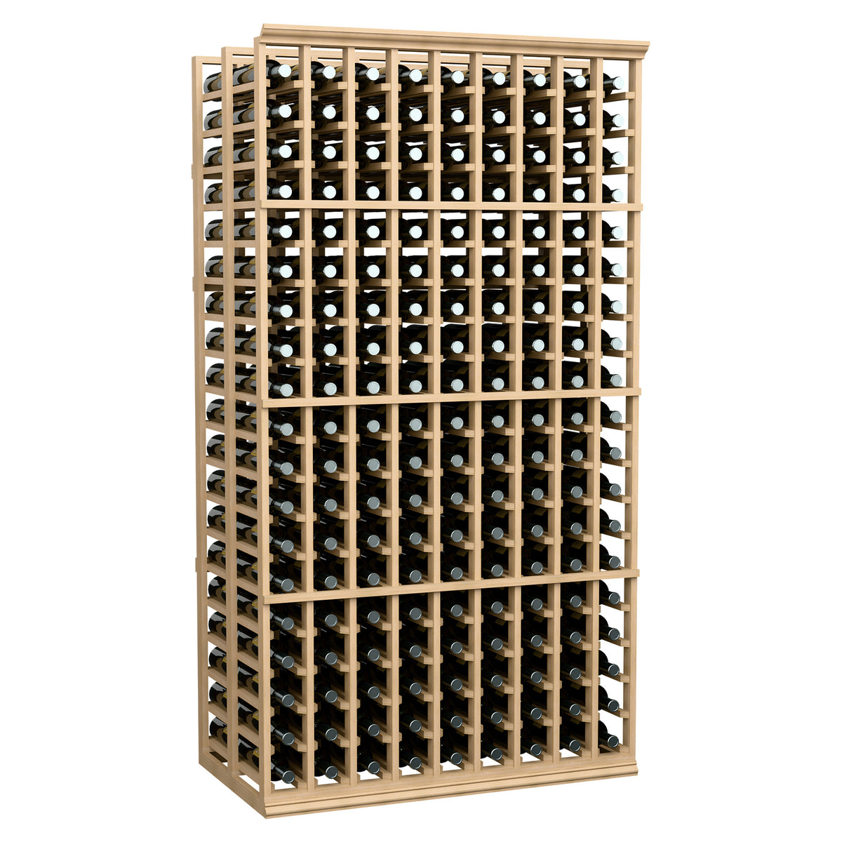 9-column double-deep wine rack, light wood frame with rows of wine bottles