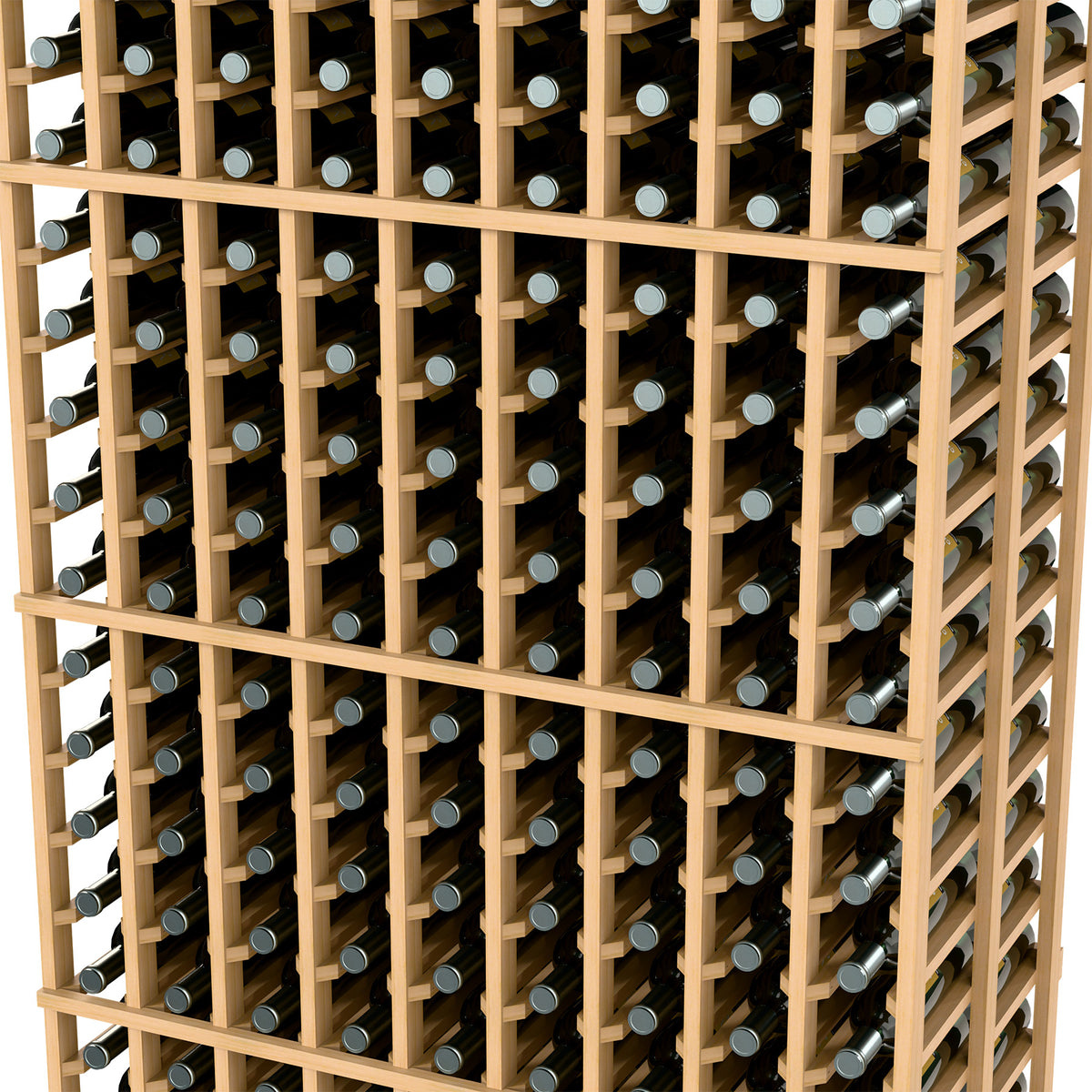 Light wood wine rack interior close-up with multiple bottle rows in a grid