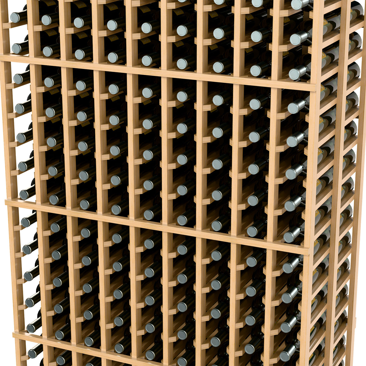 Light wood 9-column double-deep wine rack showing individual bottle slots