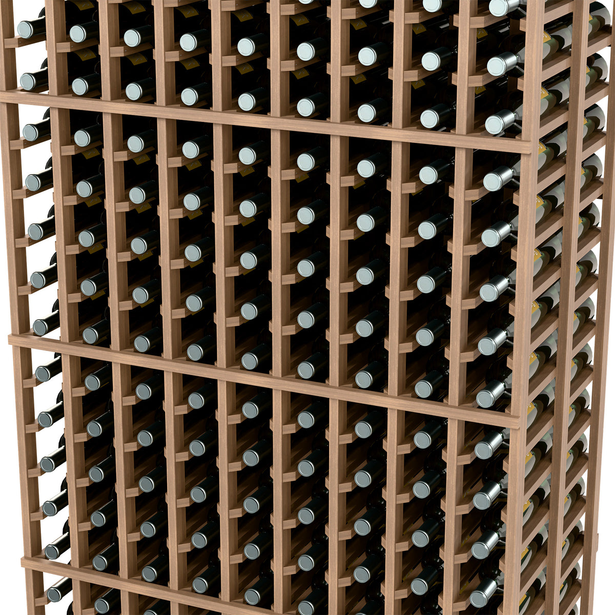 Close-up of light wood 9-column double-deep wine rack grid with bottle openings