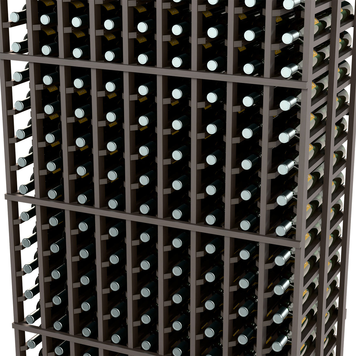 Dark wood 9-column double-deep wine rack close-up showing bottle openings