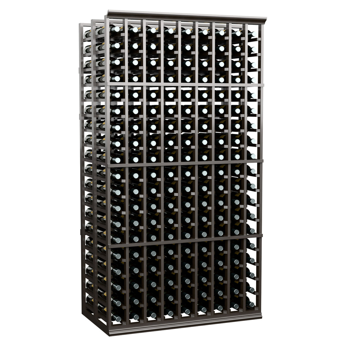 Dark 9-column double-deep wine rack front, 6 ft, grid for wine bottles