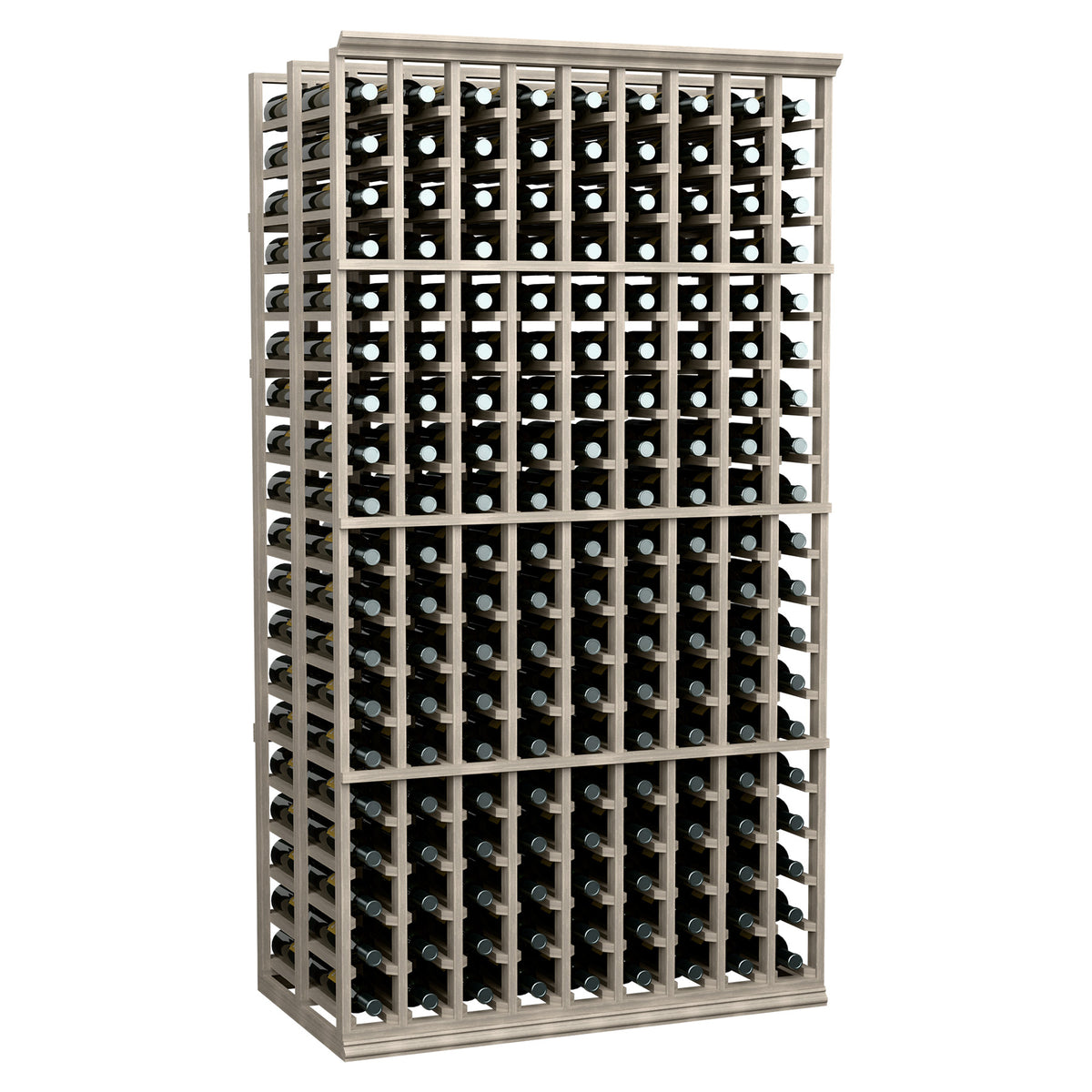 Double deep wine bottle rack with 9 columns and rows of bottles, front view.