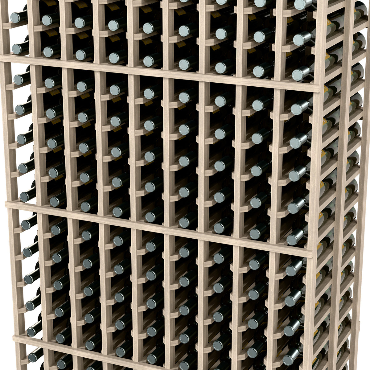 Close-up of double deep wine bottle rack grid holding bottles in place.